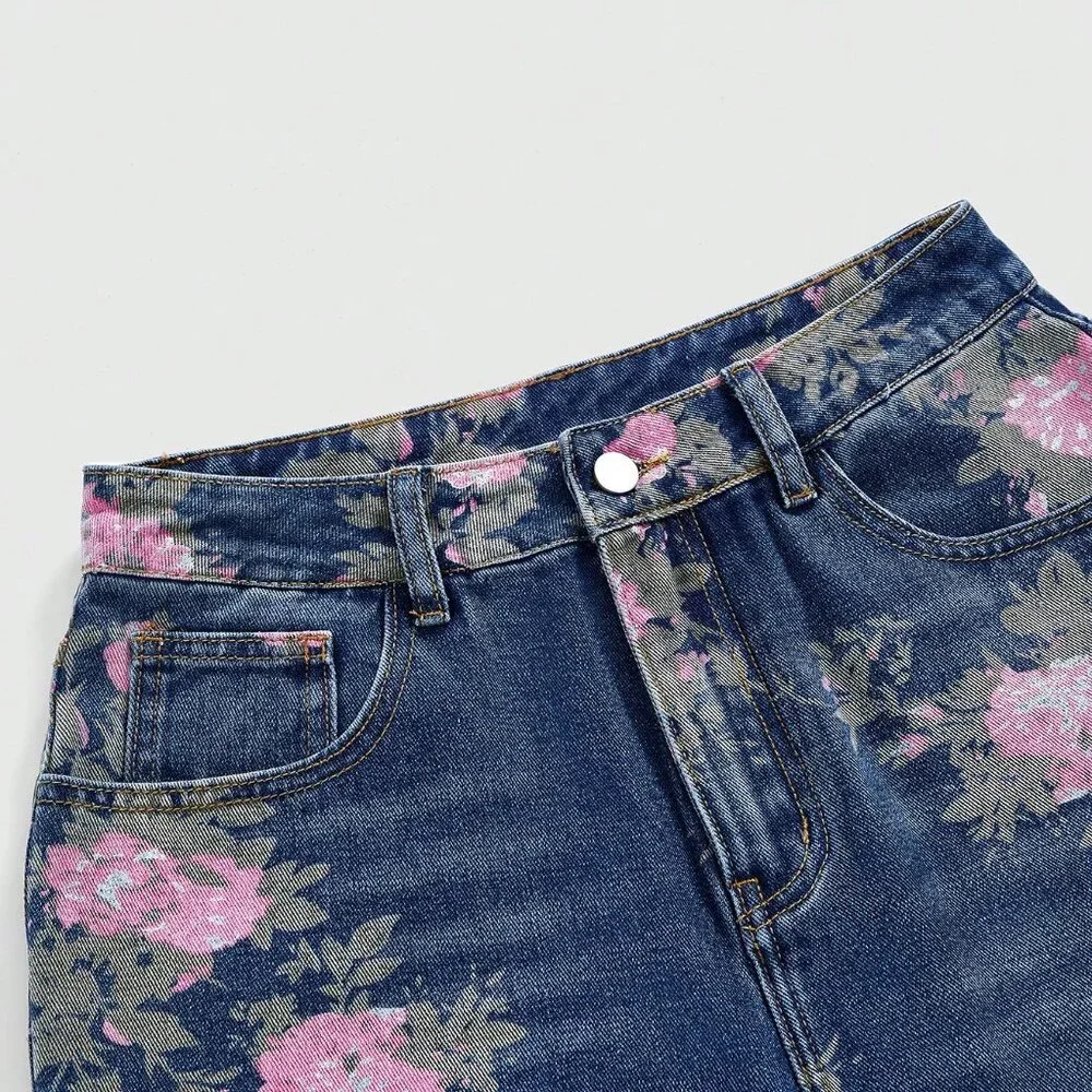 Blue Casual Women's Floral Print Washed Loose Baggy Flared Jeans - Picture 4 of 5